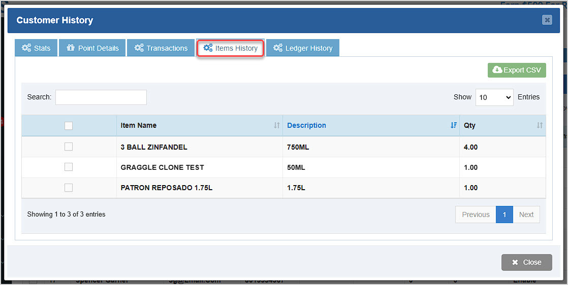 Image showing the Items History tab of the Customer History window of the Bottle POS Admin Customers page.