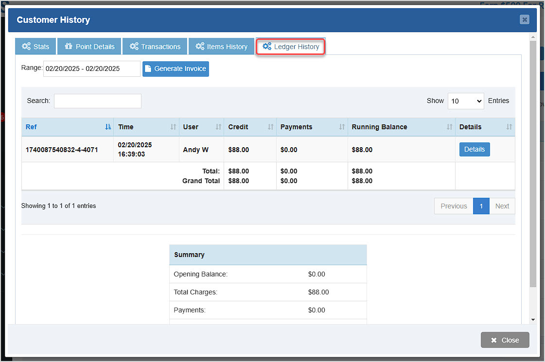 Image showing the Ledger History tab of the Customer History window of the Bottle POS Admin Customers page.