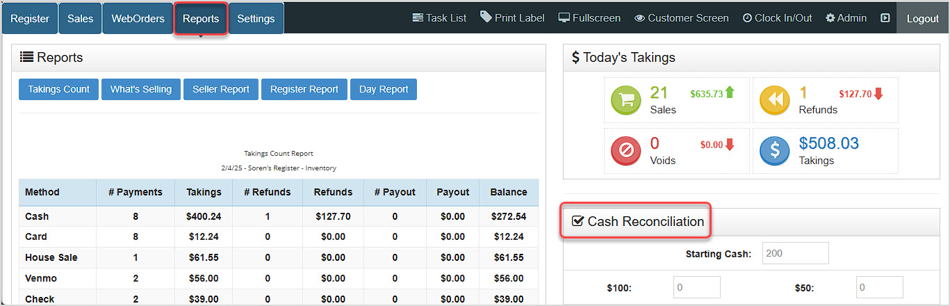 Image showing the Reports page of the Bottle POS with the Cash Reconciliation area highlighted.