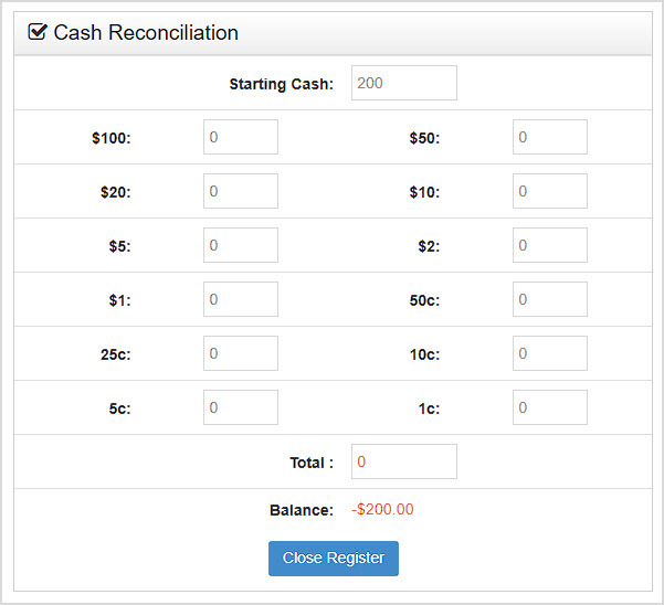 Image showing the Cash Reconciliation area of the Reports page of the Bottle POS.
