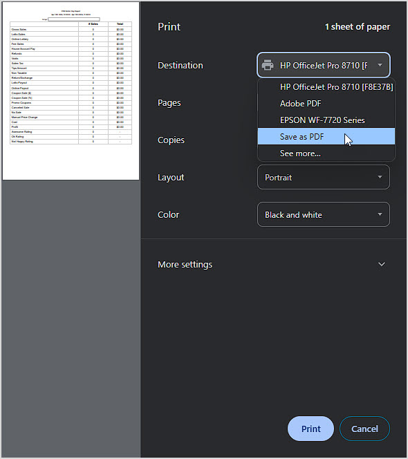 Image showing the print dialog box of Google Chrome printing the Current Shift Report of the Bottle POS.