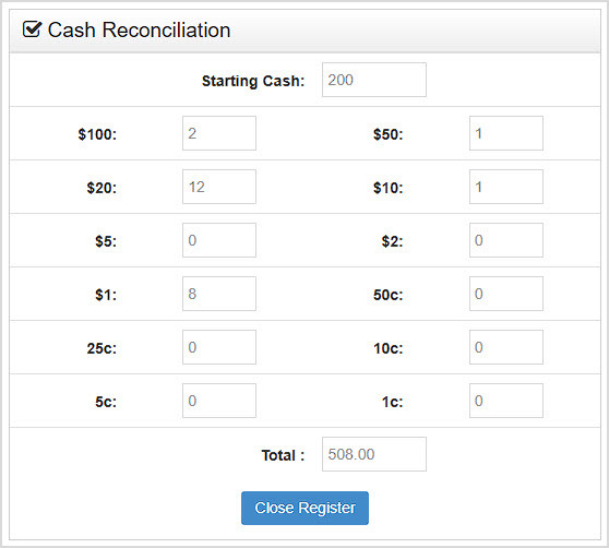 Image showing the Cash Reconciliation area of the Bottle POS Reports page with drawer count for coins and bills.