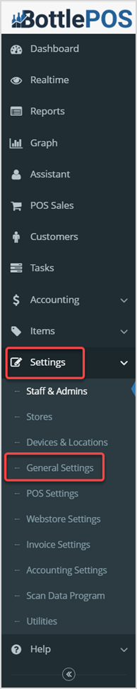 Image displaying the Settings tab and the General Settings subtab of the Bottle POS Admin main menu.