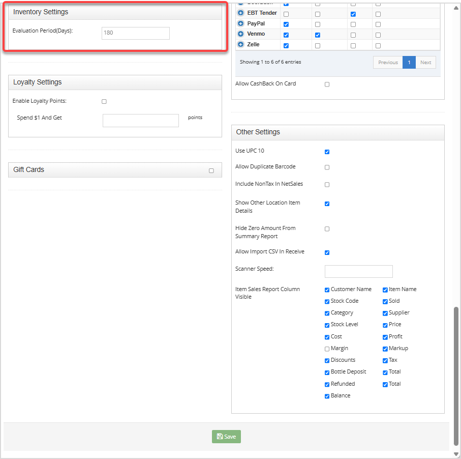 Image displaying the Inventory Settings section of the General Settings page of the Bottle POS Admin.