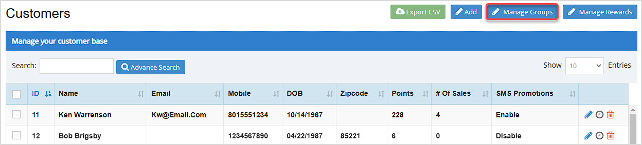 Image showing the Customers page of the BottlePOS system with the Manage Groups button highlighted.
