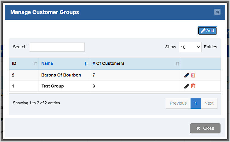 Image showing the Manage Customer Groups window of the Customers page of the BottlePOS system.