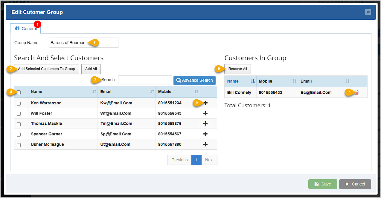 Image showing the Edit Customer Group window of the BottlePOS system with major features highlighted.