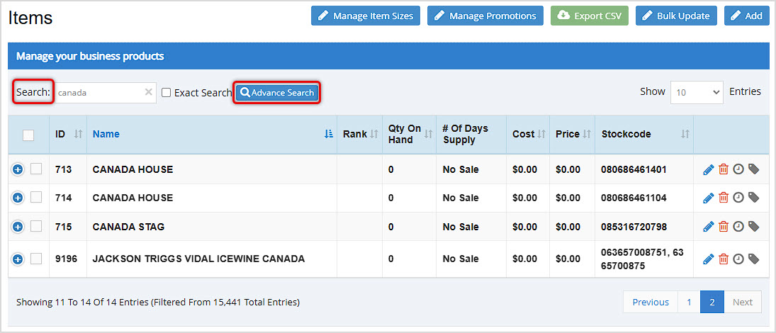 Image showing the Items page of the BottlePOS Admin with search features highlighted.