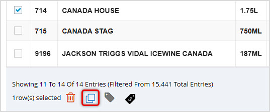 Image showing the Action area below the data table on the Items page of the BottlePOS Admin with the Clone Item icon highlighted.