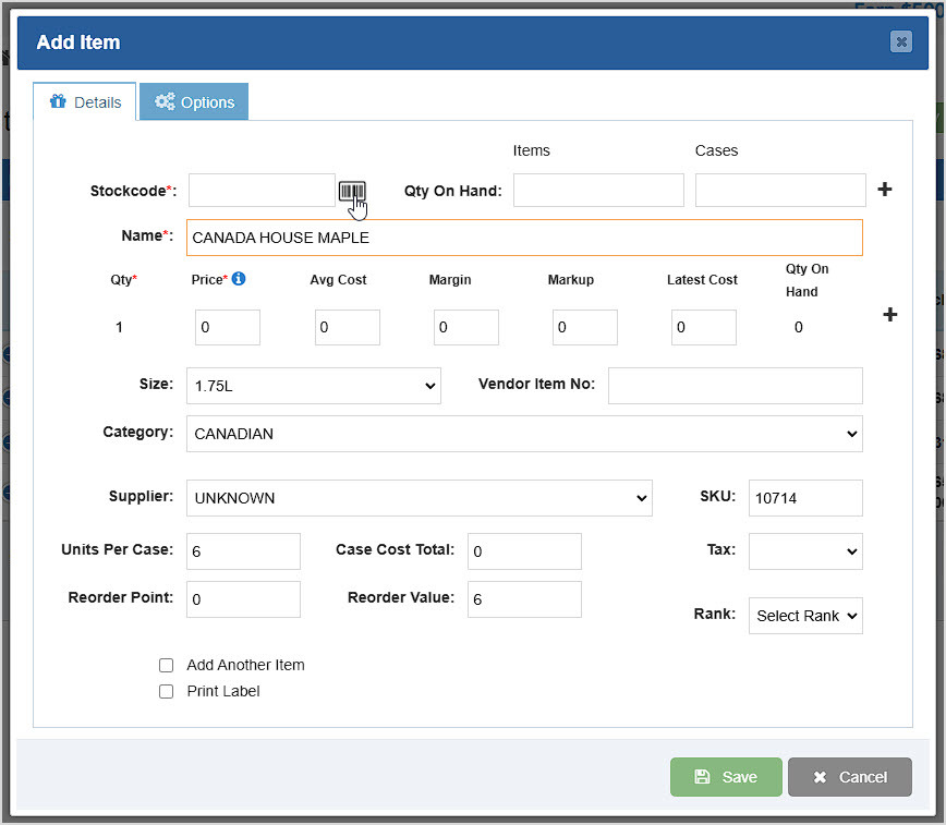 Image showing the Add Item window of the BottlePOS Admin.