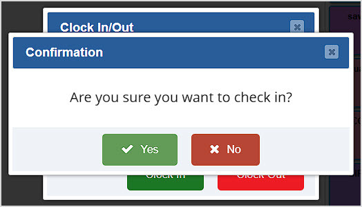 Image showing the Confirmation window of the Bottle POS clock in / clock out functionality.