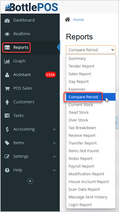 Image showing the Reports area of the BottlePOS system appâs main menu with the Compare Period report highlighted.