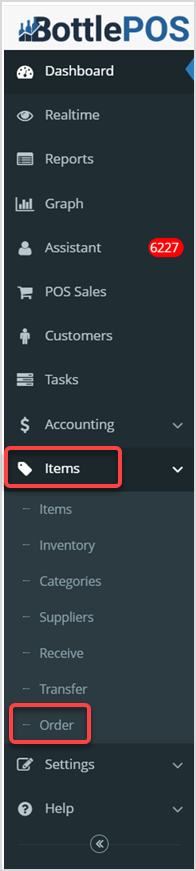 Image displaying the Items tab and the Order subtab of the Bottle POS Admin's main menu.
