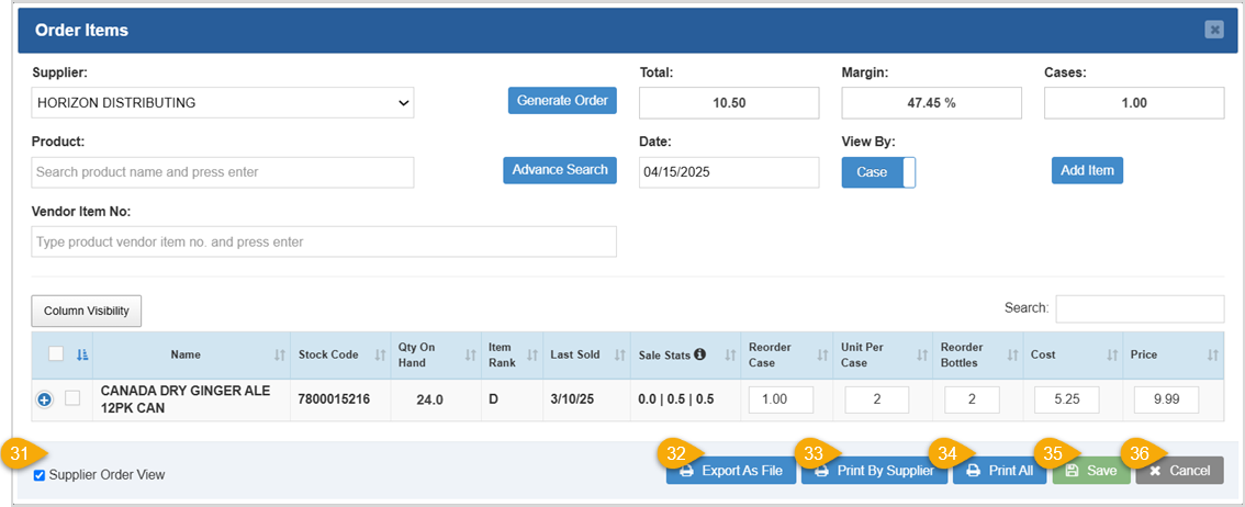 Image displaying the Order Items window of the Bottle POS Admin, specifically highlighting the bottom row of functions.