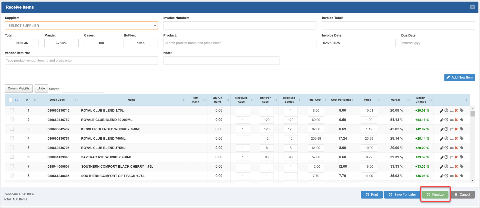 Image displaying the Receive Items window, highlighting the Finalize button.