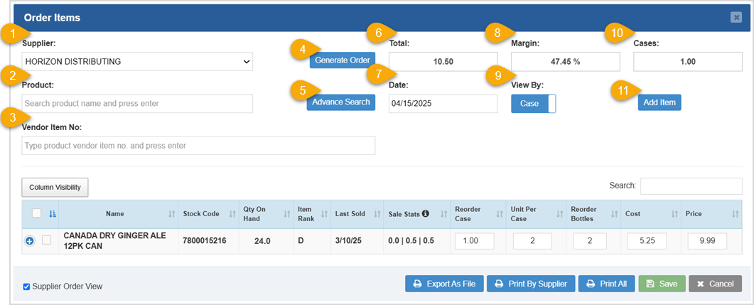 Image displaying the Order Items window of the Bottle POS Admin app.