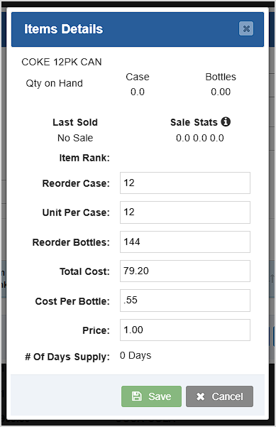 Items Details ALT TEXT: Image showing the Items Details window for the Purchase Order area of the Bottle POS Admin.