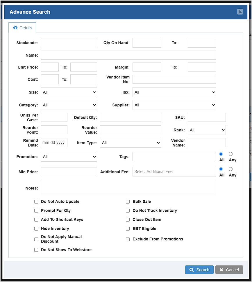 Image showing the Advance Search window of the Purchase Order area of the Bottle POS.