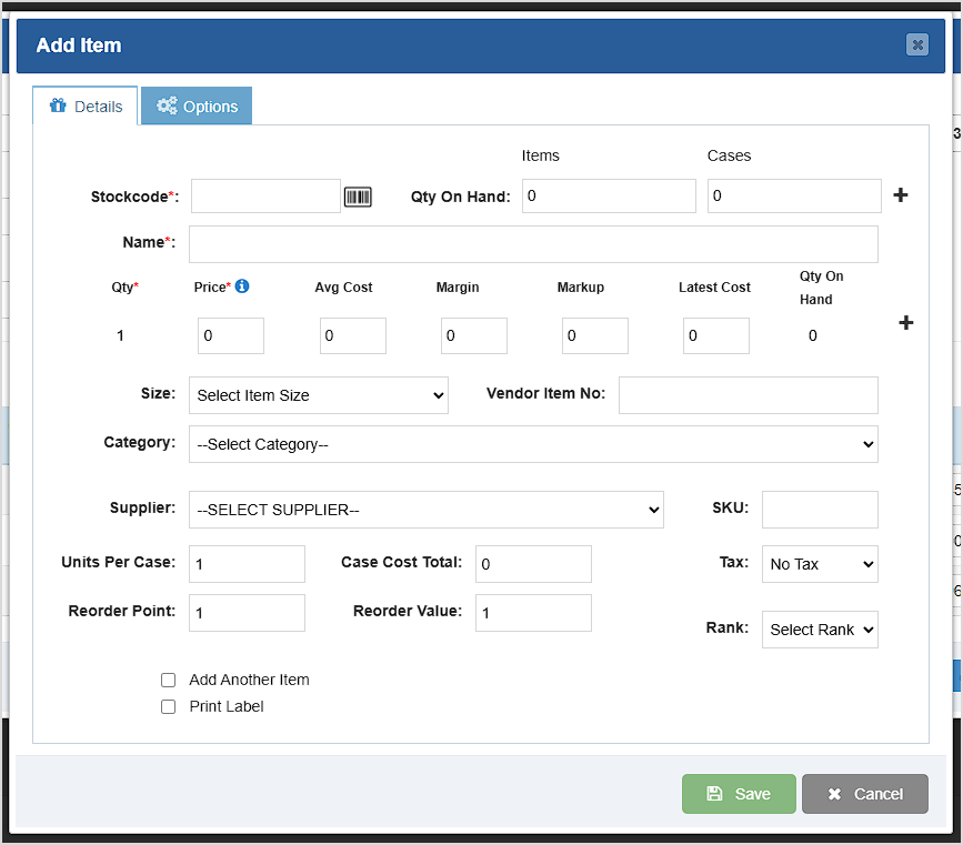 Image showing the Add Item window in the Purchase Order area of the Bottle POS.