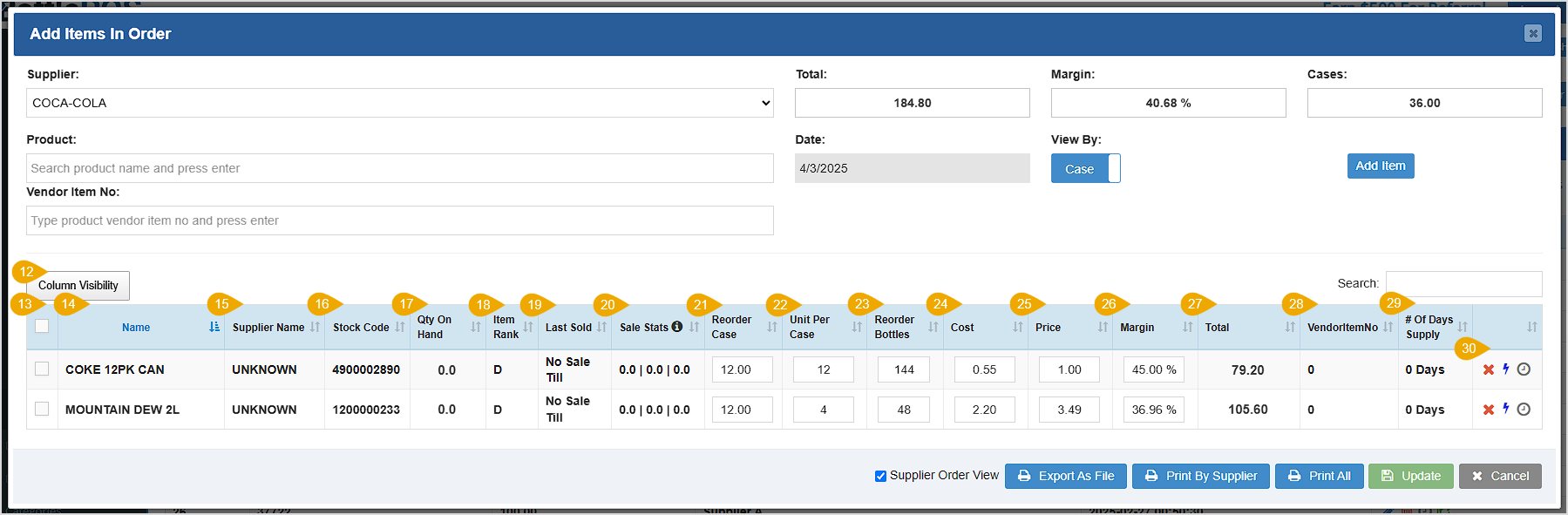 Image displaying the Order Items window, detailing the table functions.