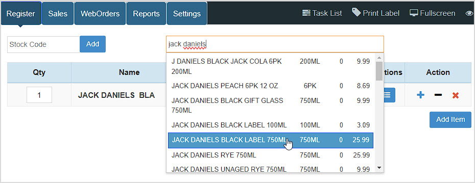 Image showing the BottlePOS Register item search, with several matching search results and one highlighted.