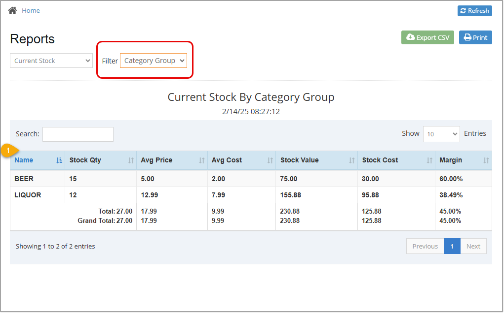 Image showing the Current Stock report filtered by Category Group.