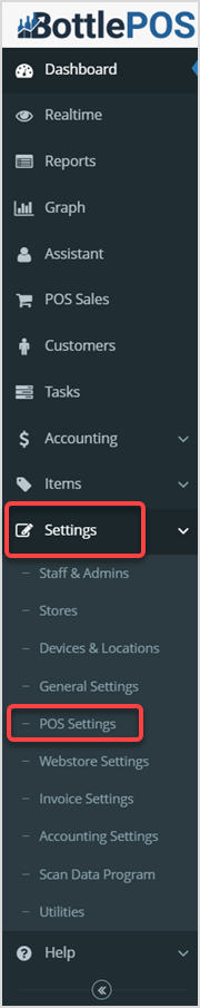 Image displaying the Settings tab and the POS Settings subtab of the Bottle POS Admin app's main menu.