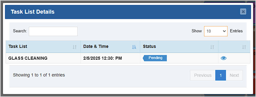 Image showing the Task List Details of the Bottle POS Register with a glass cleaning task pending.