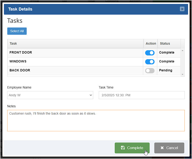 Image showing the Task Details window of the Bottle POS with a series of cleaning tasks.
