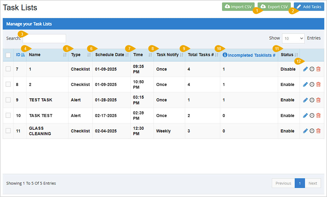 Image showing the Task Lists page of the Bottle POS Admin app with major functions highlighted.
