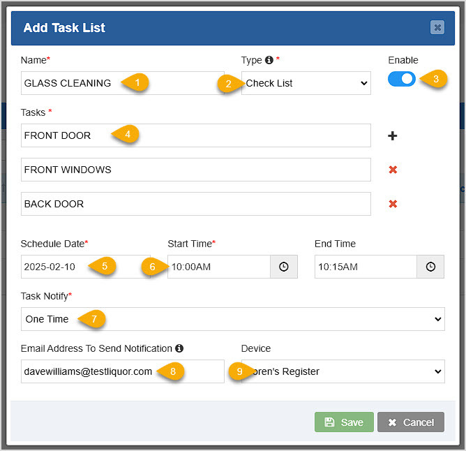 Image showing the Add Task List window of the Bottle POS with the major functions highlighted.