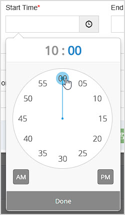 Image showing the Bottle POS Tasklist start time-selection clock tool with a 10:00 time selected.