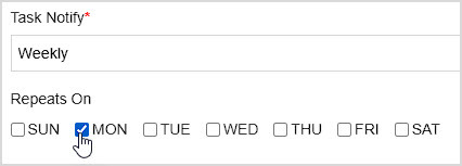 Image showing the Repeats On day selection for Bottle POS Tasklists with Monday selected.