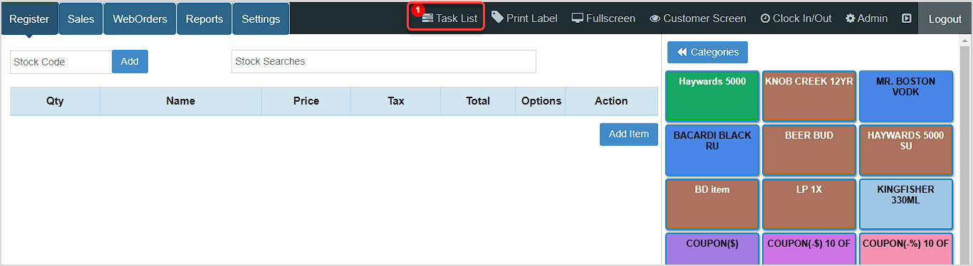 Image showing the Bottle POS Register with the Task List button highlighted and alerting the user about a task.