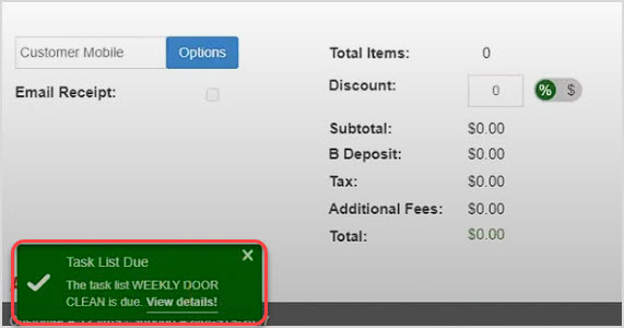 Image showing the Bottle POS Register with an alert about a Task List Due highlighted in the lower left.