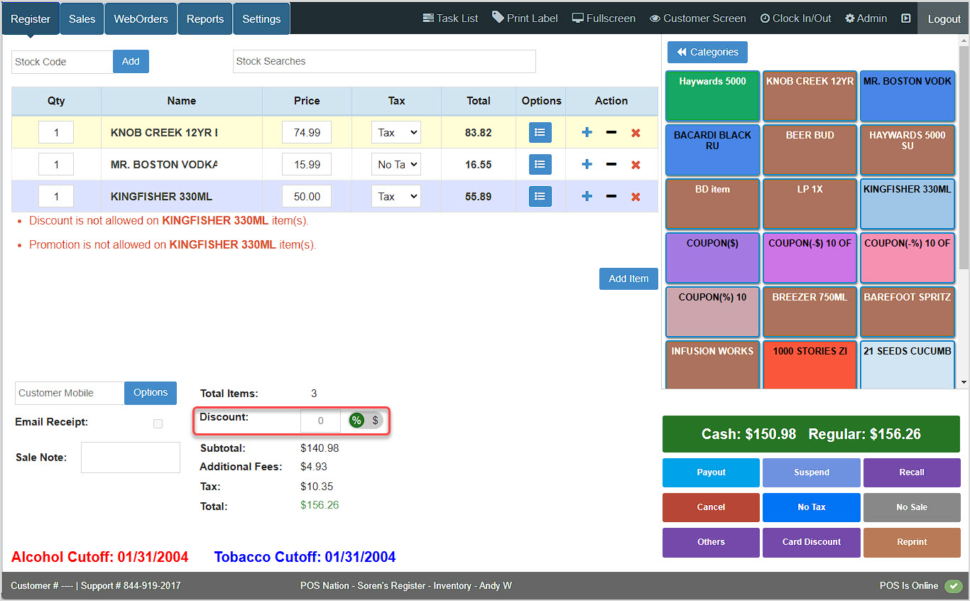 Image showing the BottlePOS Register with the Discount area highlighted.