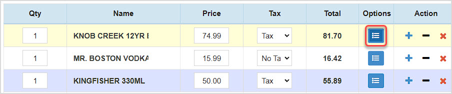 Image showing items being purchased in the BottlePOS Register with the Options button for an item highlighted.