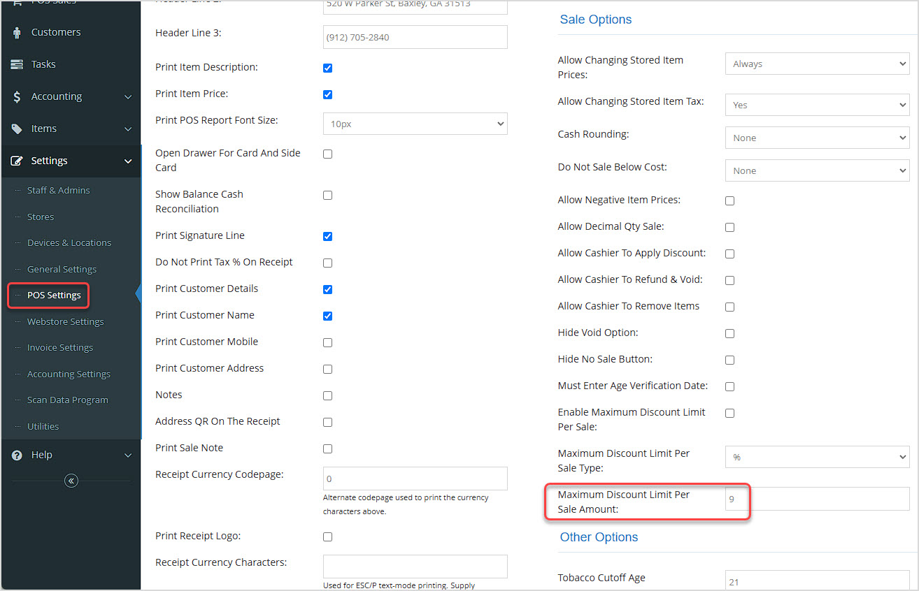 Image showing the POS Settings area of the BottlePOS Admin app highlighting the Maximum Discount Limit Per Sale Amount setting.