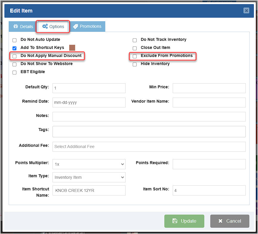 Image showing the Options tab of the Edit Item window in the BottlePOS highlighting functions that exclude the item from discounts.