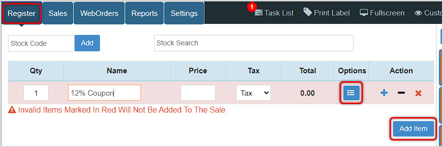 Image showing the Bottle POS Register with a newly-created line item of a Coupon and with the Options button highlighted.