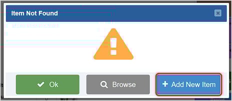 Image showing the Item Not Found window of the BottlePOS with the +Add New Item button highlighted.