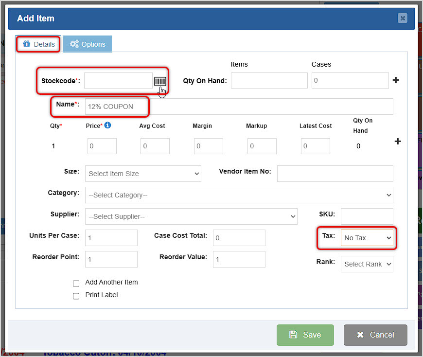 Image showing the Add Item screen of the BottlePOS highlighting key elements on the Details tab.