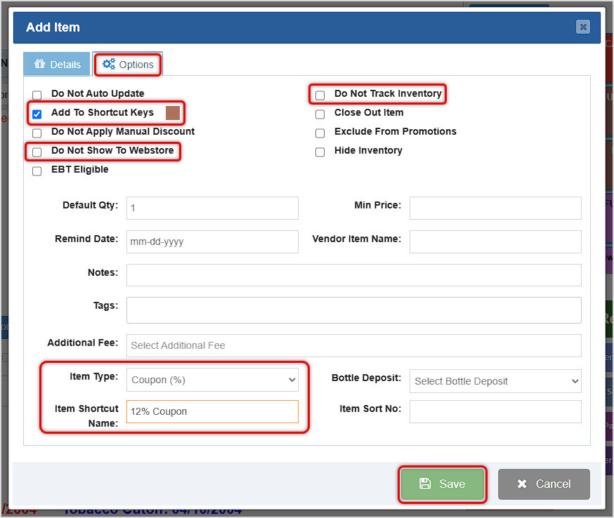 Image showing the Options tab of the Add Item window in the BottlePOS with Coupon Shortcut key creation functions highlighted.