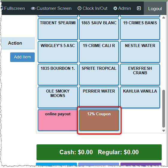 Image showing the shortcut keys area of the BottlePOS Register with a coupon shortcut key highlighted.