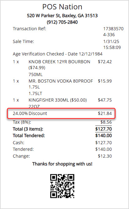 Image showing a receipt from the BottlePOS Register with discount information highlighted.
