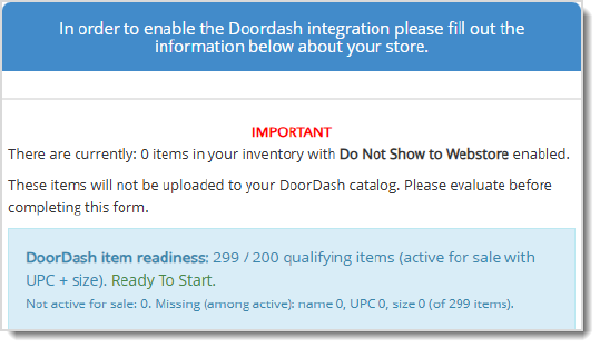 Image showing the qualifying item count required for DoorDash integration in the Bottle POS system.
