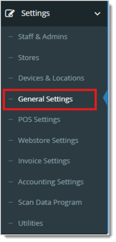 Image showing the General Settings area of the Bottle POS main menu.