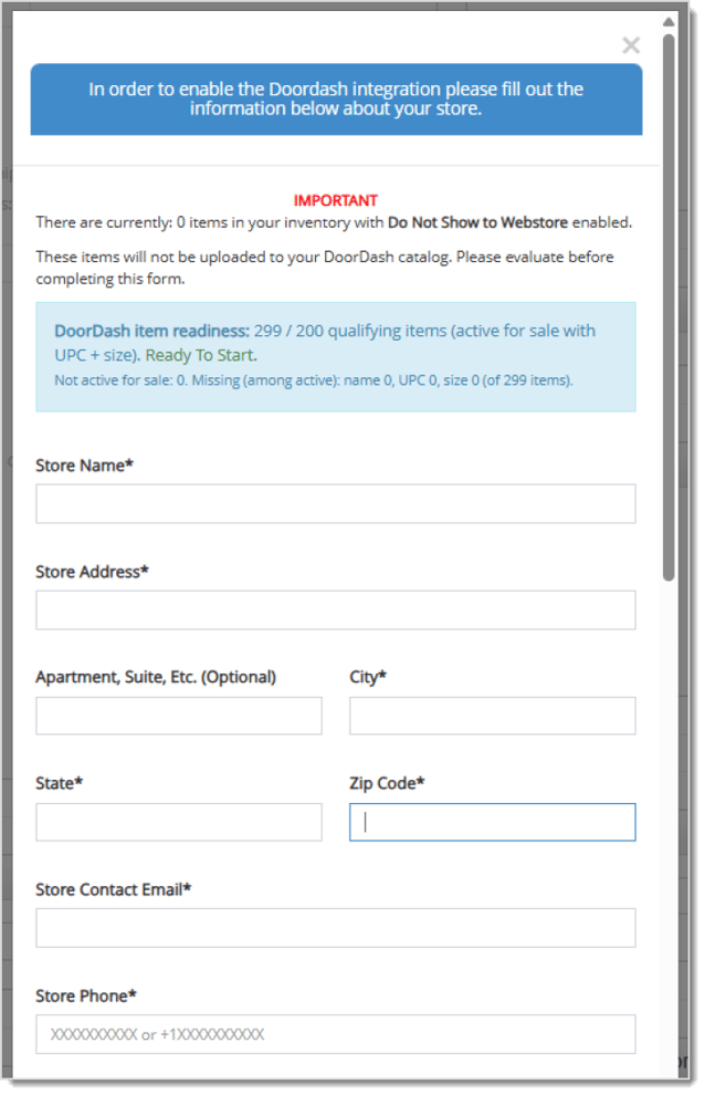 Image showing the integration form for the DoorDash integration in the Bottle POS system.