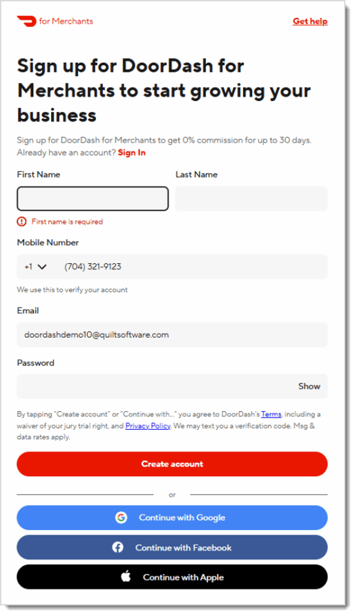 Image showing the DoorDash account creation page.