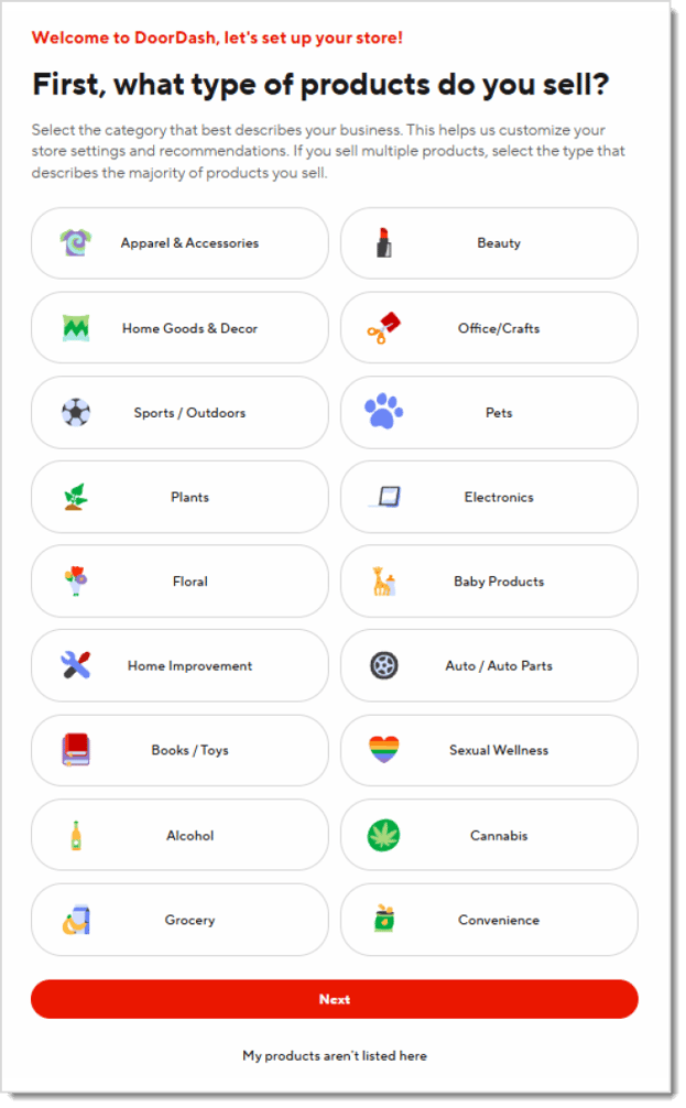 Image showing the DoorDash account setup category selection page.